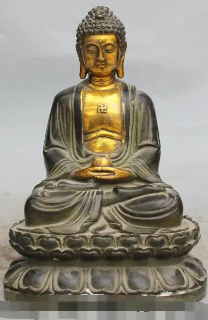

S5110 10" China Buddhism Bronze Gilt Seat Lotus Shakyamuni Amitabha Bowl Buddha Statue