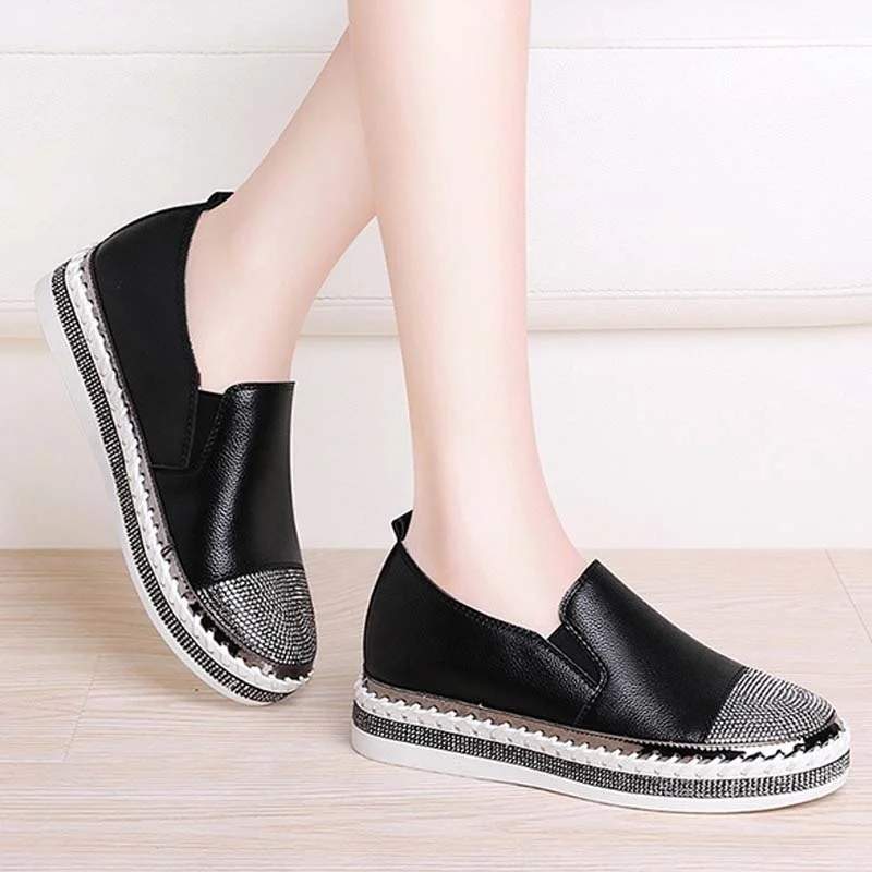 

Flat Shoes Women Zapatos De Mujer Genuine Leather Crystal Black White Shoes Female Casual Spring Summer Espadrilles Ladies Shoes
