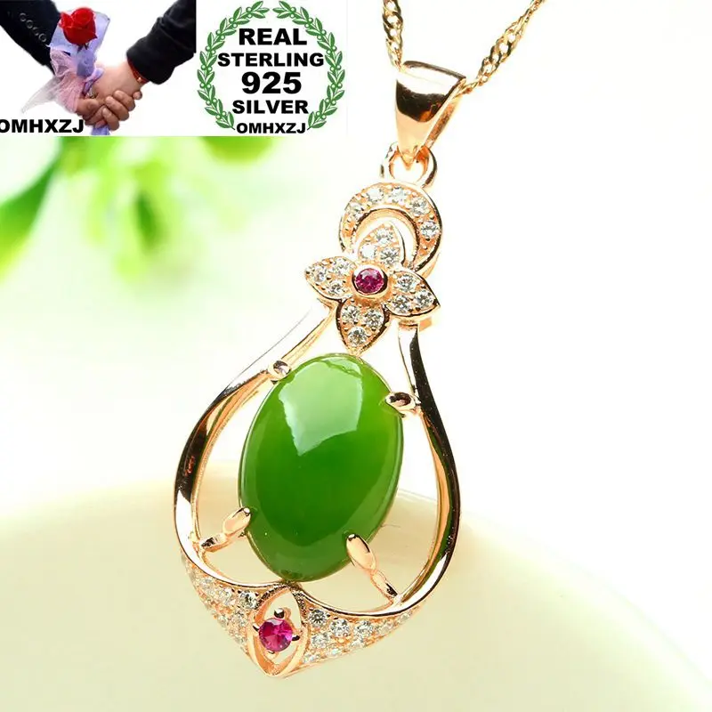 

OMHXZJ Wholesale European Fashion Woman Girl Party Wedding Gift Green Jasper Zircon S925 Sterling Silver Pendant Necklace NA101