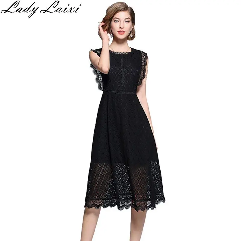 

2019 Runway Summer Dress Women Elegant Sexy Hollow Out Black Lace Dress Female Vintage Slim A-Line sleeveless Party Dresses