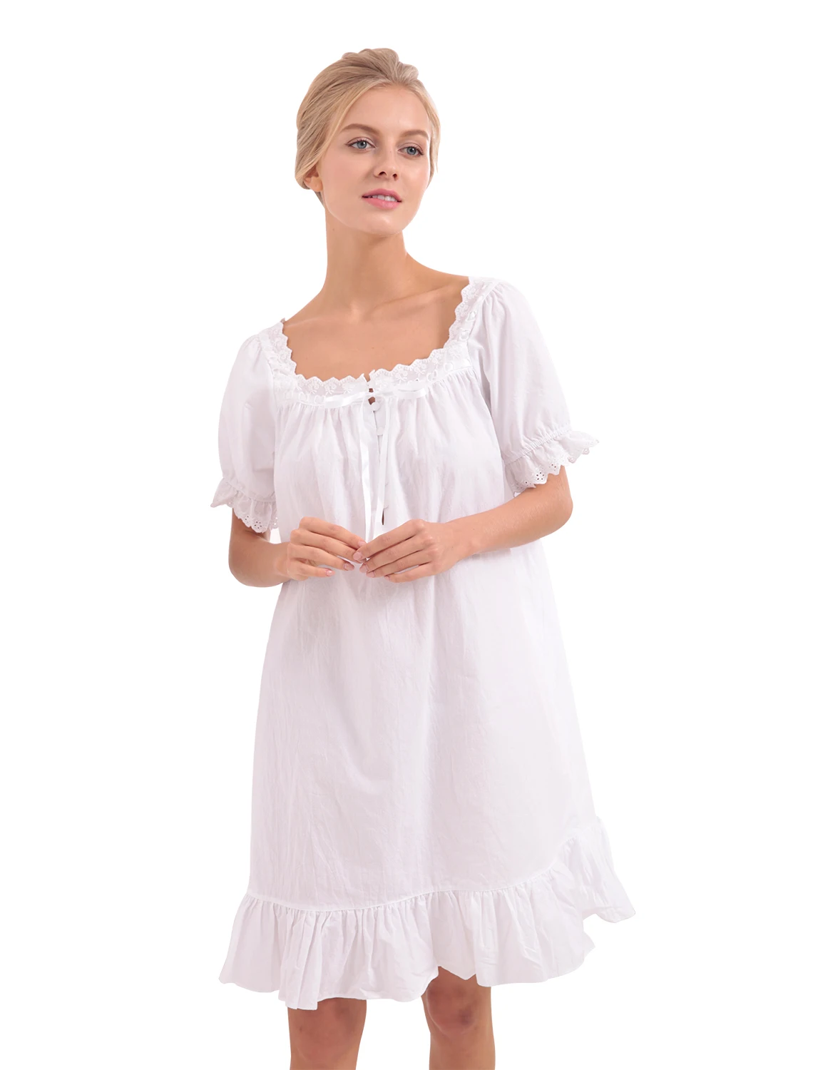 O neck Lace Patchwork Sleep Dress White Grey Short Sleeve Women