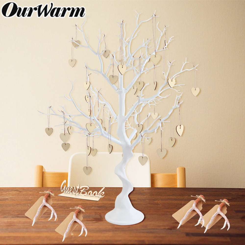 

OurWarm Wedding Guest Book Tree Resin Artificial Wishing Tree Wooden Heart Pendant Rustic Party Favor Wedding Table Decoration