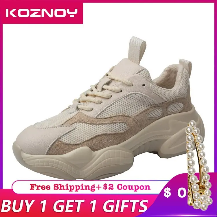 

Koznoy Sneakers Women 2019 Summer Ins Dropshipping Thick Bottom Breathable Fashion Lace Round Toe Shallow Leisure Women Shoes