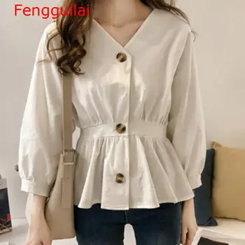 

Women's Casual V Neck Button Up Slim Ruffles Waist Long Sleeve Solid Blouse Batwing Sleeve Shirt Women Tops Female Autumn