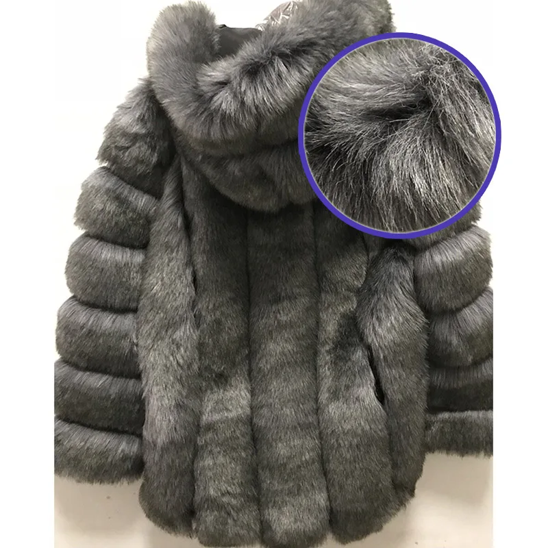 Europe fashion luxury hooded faux fox fur coat for cute pink fluffy teddy coat casual Long sleeve plush coat women jas dame - Цвет: deepgray