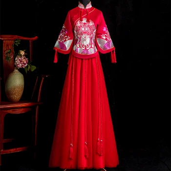 

Embroidery Print Floral Tassel Chinese Female Cheongsam Vintage Button Long Bride Wedding Dress Oriental Classic Luxury Qipao