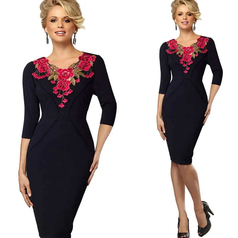 Женское платье с цветочной вышивкой Nice-forever, винтажное деловое облегающее платье с рукавом 3/4 и v-образным вырезом, с аппликацией, модель B330