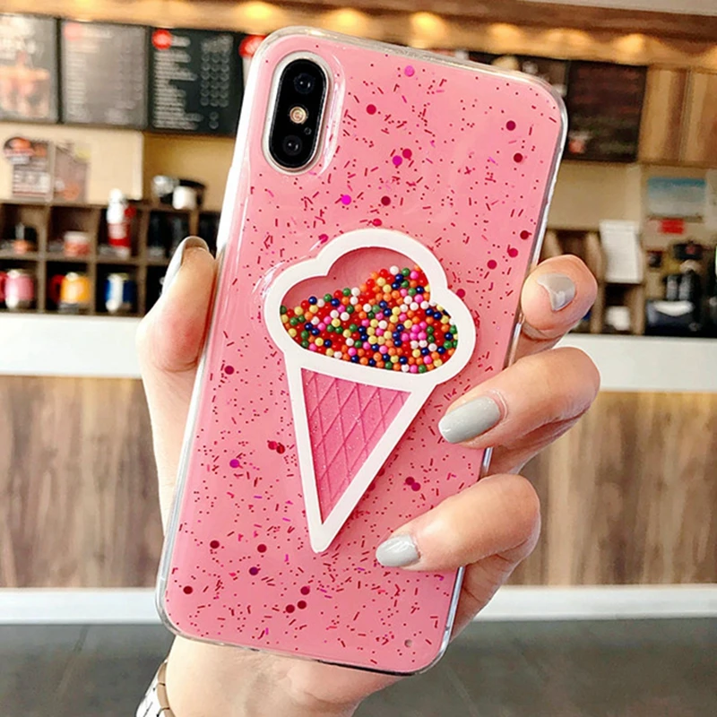 

Soft Silicon Case For iphone XS Max 7 8plus Bling Pink 3D Ice Cream Coque Cover For iphone 8 XS 6 plus iphone10 XR Glitter Cases