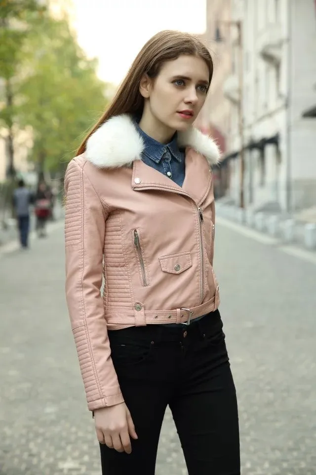 Зимние толстые кожаные жакеты, застежки, мотоциклетное пальто, женская дизайнерская модная верхняя одежда, куртка, Розовый Черный jaqueta couro меховой воротник