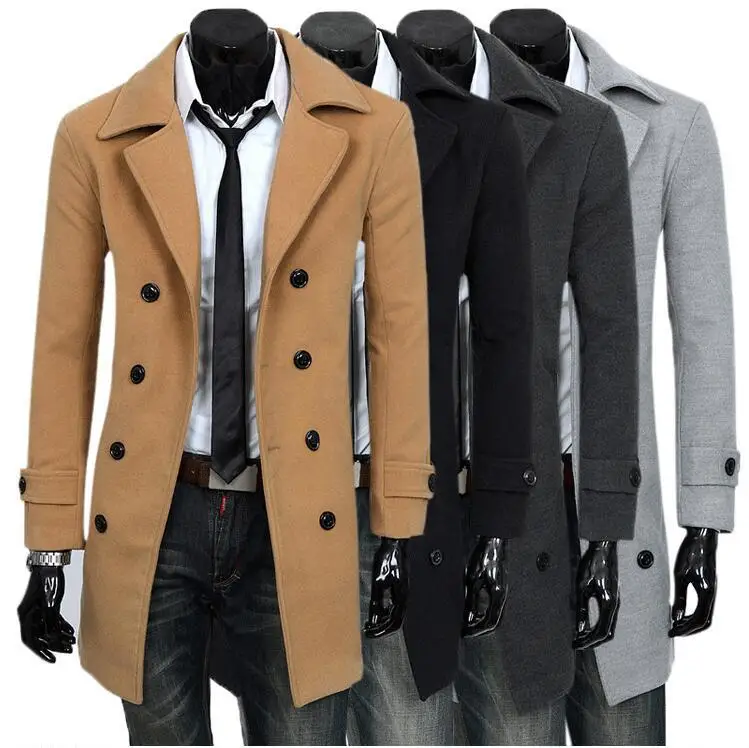 

Men's Korean version of the solid color Slim double-breasted long thick version of the wool coat, high quality plus size 4XL