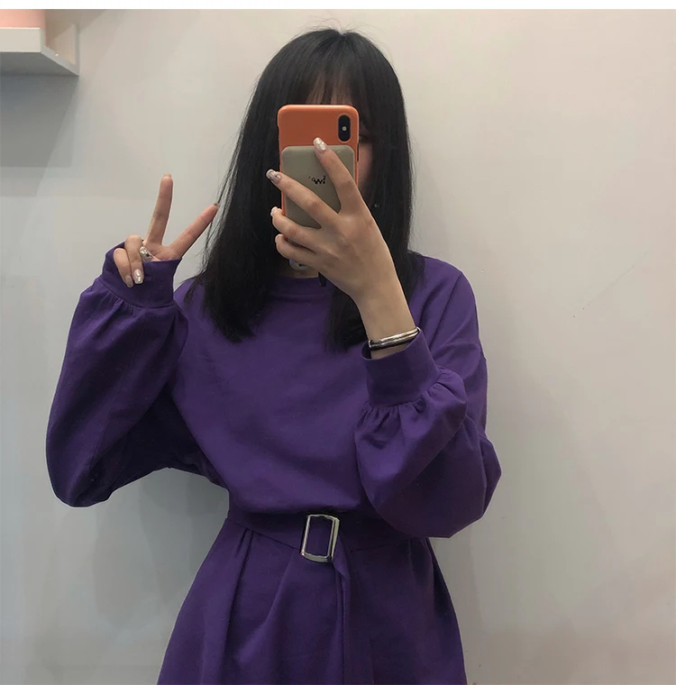Ulzzang корейский стиль Женская одежда модный бренд весна осень новые длинные топы О-образный вырез длинный рукав пояса свободные повседневные футболки