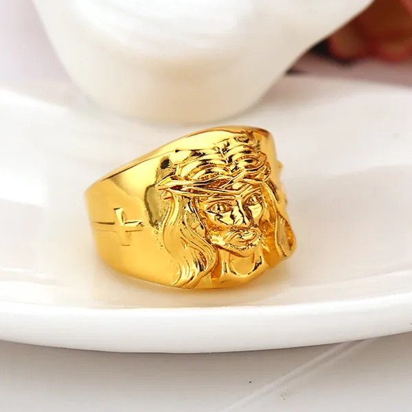 Hip Hop Men Ring Jesus Head Ring Jesus Cross Jewelry Real Yellow Gold