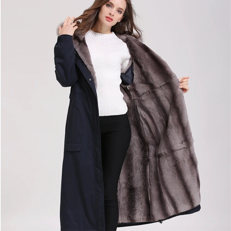 winter new Rex rabbit fur lining long knee fox fur coat women parka jacket real fur coat women Big size Loose clothes A299