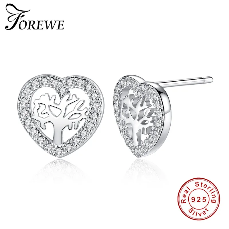 

FOREWE 2019 100% 925 Sterling Silver Tree of Life Heart Stud Earrings for Women Jewelry Clear CZ Crystal Family Trees Earrings