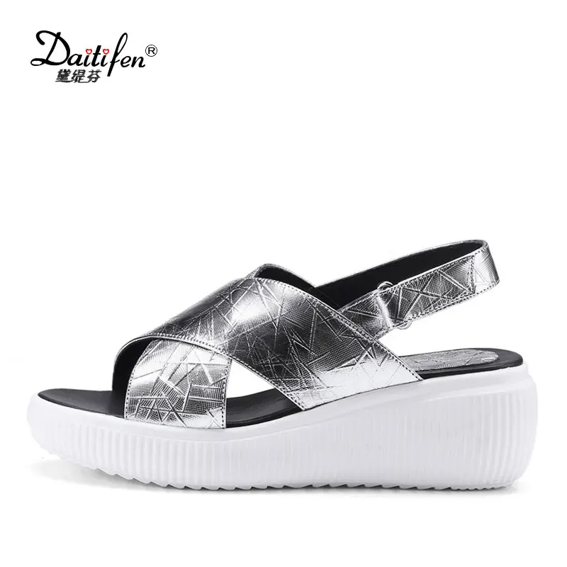 

Daitifen Fashion Leather Platform Wedge Sandals Summer Gladiator Shoes Woman Comfortable Walking Date Silver Sandals Female