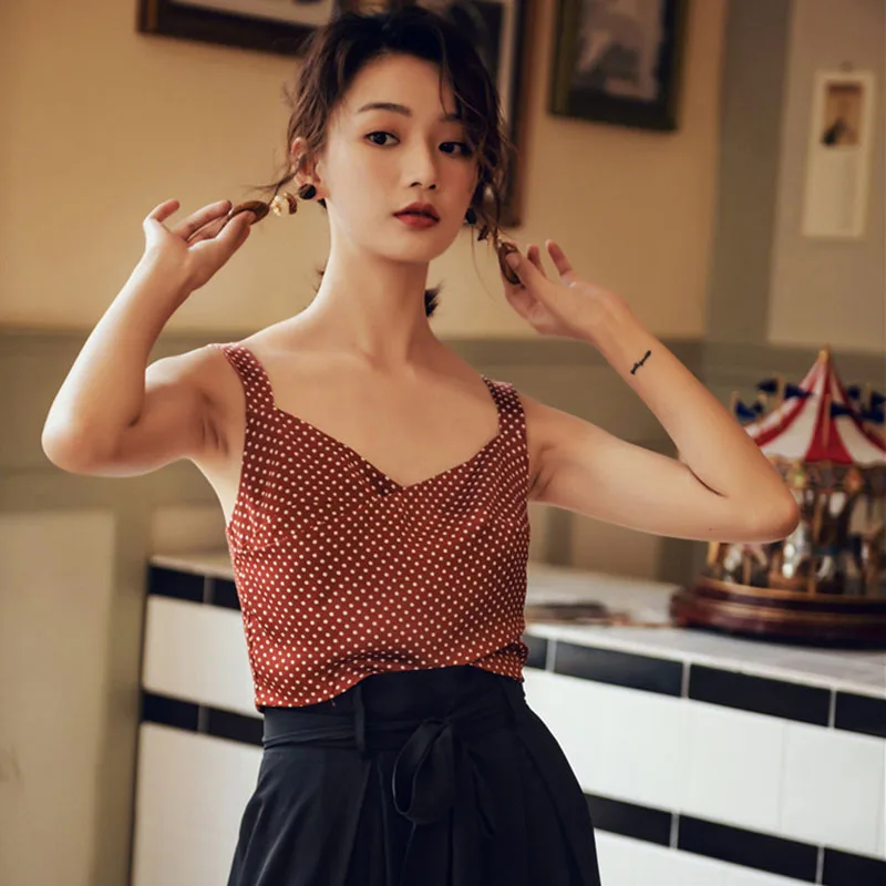 

Vest Women's 2019 summer outerwear holiday polkadot satin base shirt women's underwear short bare midriff cross strap Top