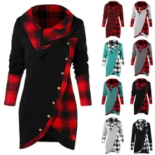 Женская Туника футболки в клетку с длинным рукавом асимметричный подол отложной воротник повседневные топы JL