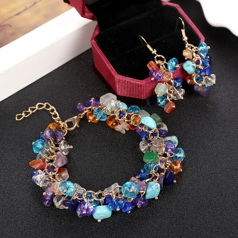 Красочные натуральный камень ожерелье браслет африканские бусы Ювелирные наборы для женщин модные браслеты из бисера висячие серьги набор