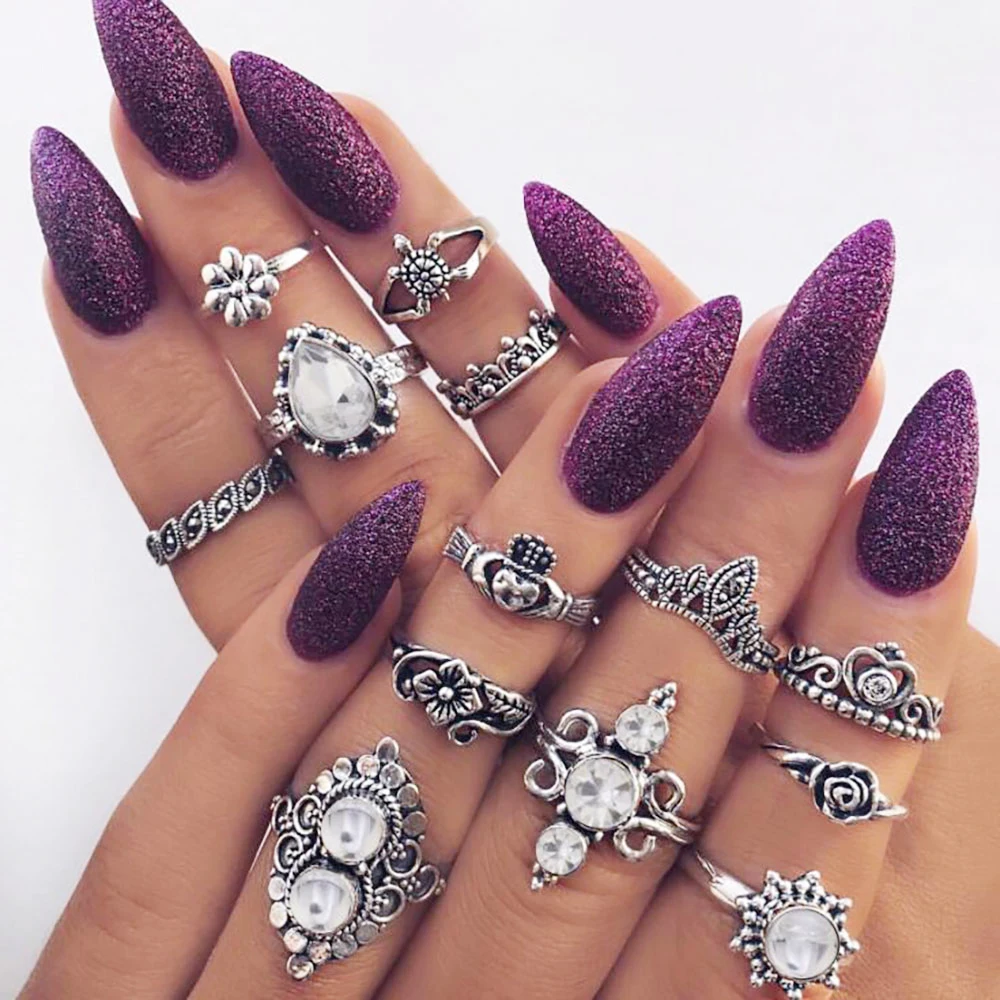 

Vienkim 13PCS/Set Vintage Ethnic Ring Crystal OM Tortoise Heart Crown Flower Knuckle Set Bohemian Midi Finger Rings Jewelry