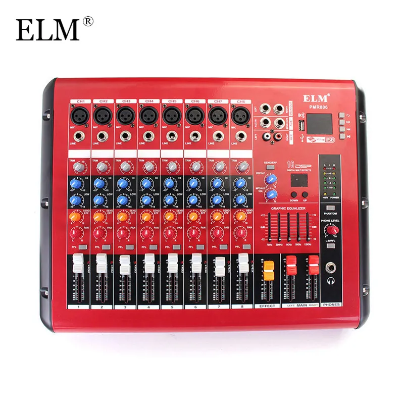 

ELM Professional Karaoke Mixing Microphone Digital Sound Audio Mixer Console bluetooth 8 Channel With Power Amplifier USB 48V