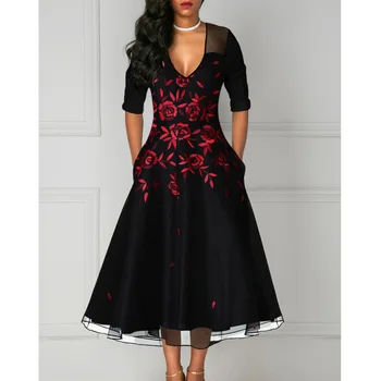

High Quality Women Black Embroidered Dress Fashion Mesh Lady A-line Party Dress Vintage Woman Long Dress