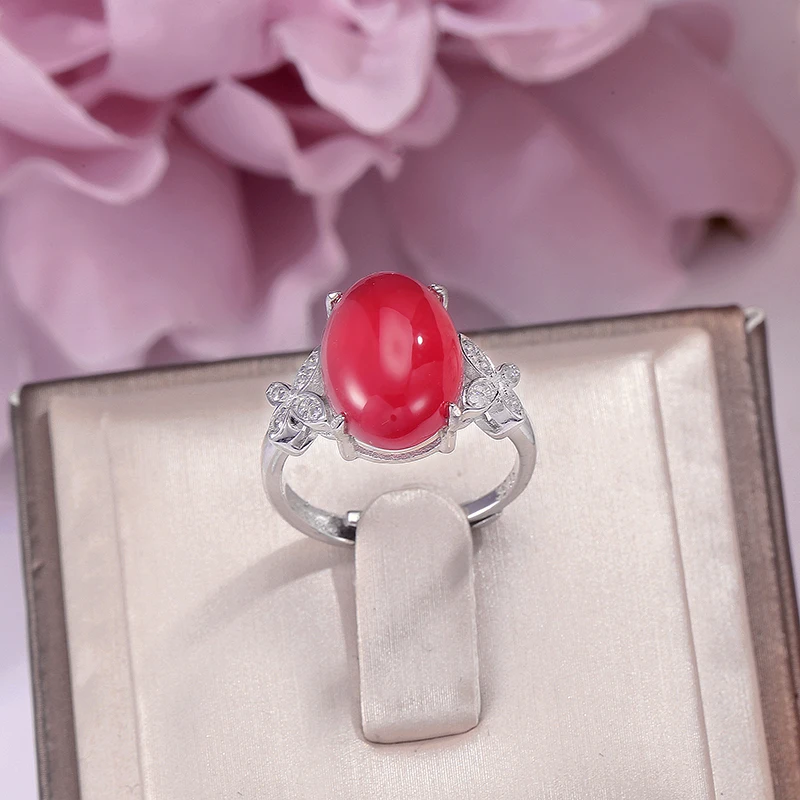 Fine Jewelry S925 Rings For Women Sterling Silver 14*10mm Chalcedony Natural Oval Red Gemstone Ring Luxury Vintage Anel R-CH001