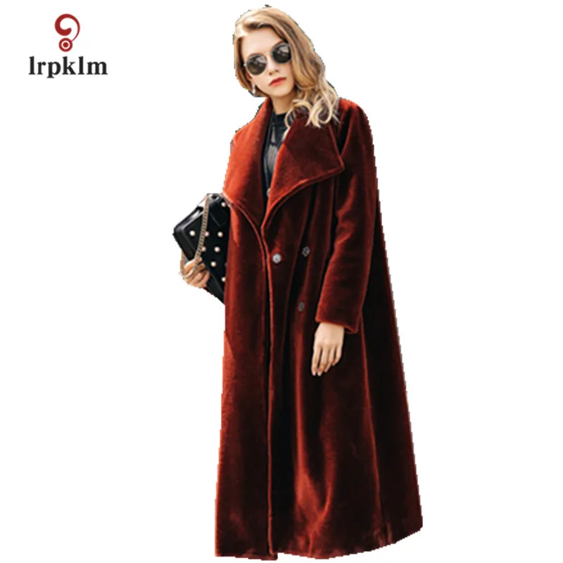 

2017 New Fashion Weman's Winter Lamb Fur X-Long Coat Female Turndown Callar Jacket Women Warm Wool Parkas Black Caramel PQ061