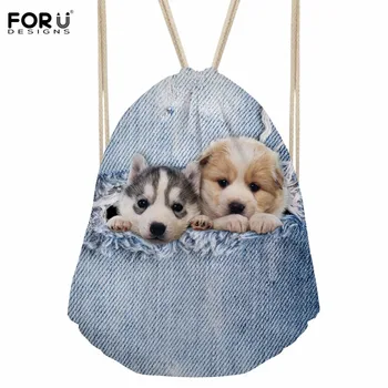 

FORUDESIGNS Denim Pocket Fashion Women Backpack 3D Cute Dog Printed Small Drawstring Bag for Women School Girls Backpacks Bolsa