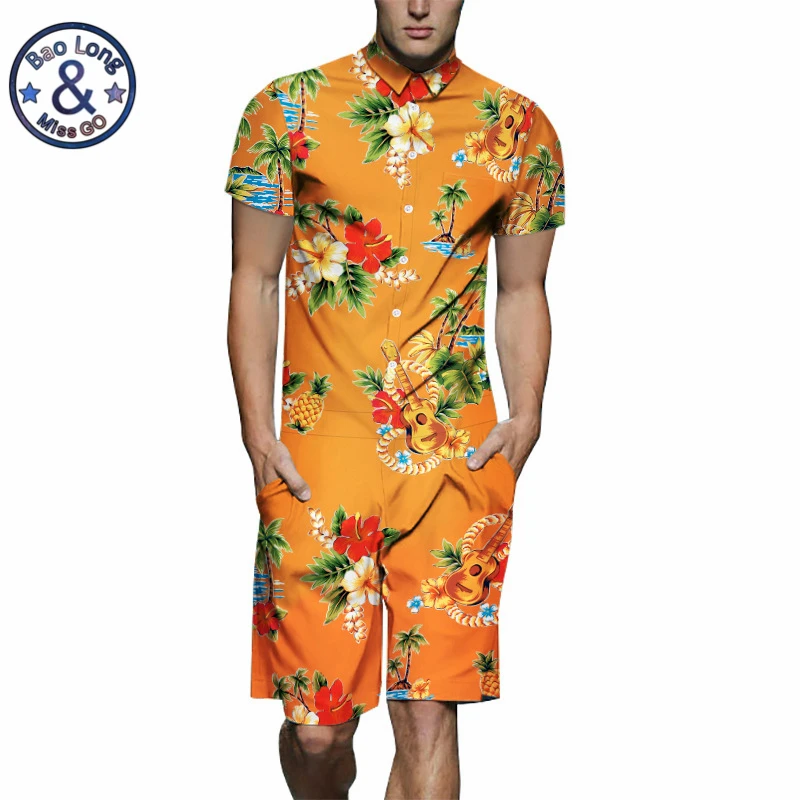 Mr. BaoLong Повседневный Гавайский комбинезон с 3d цветочным принтом мужской летний пляжный комбинезон игровой костюм с коротким рукавом гарем карго сплошной комбинезон