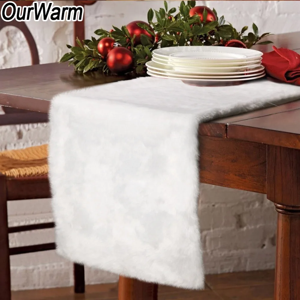 

OurWarm White Christmas Table Runner Xmas Table Decoration Accessories Modern Faux Fur Table Cloth For Party Home Mantle