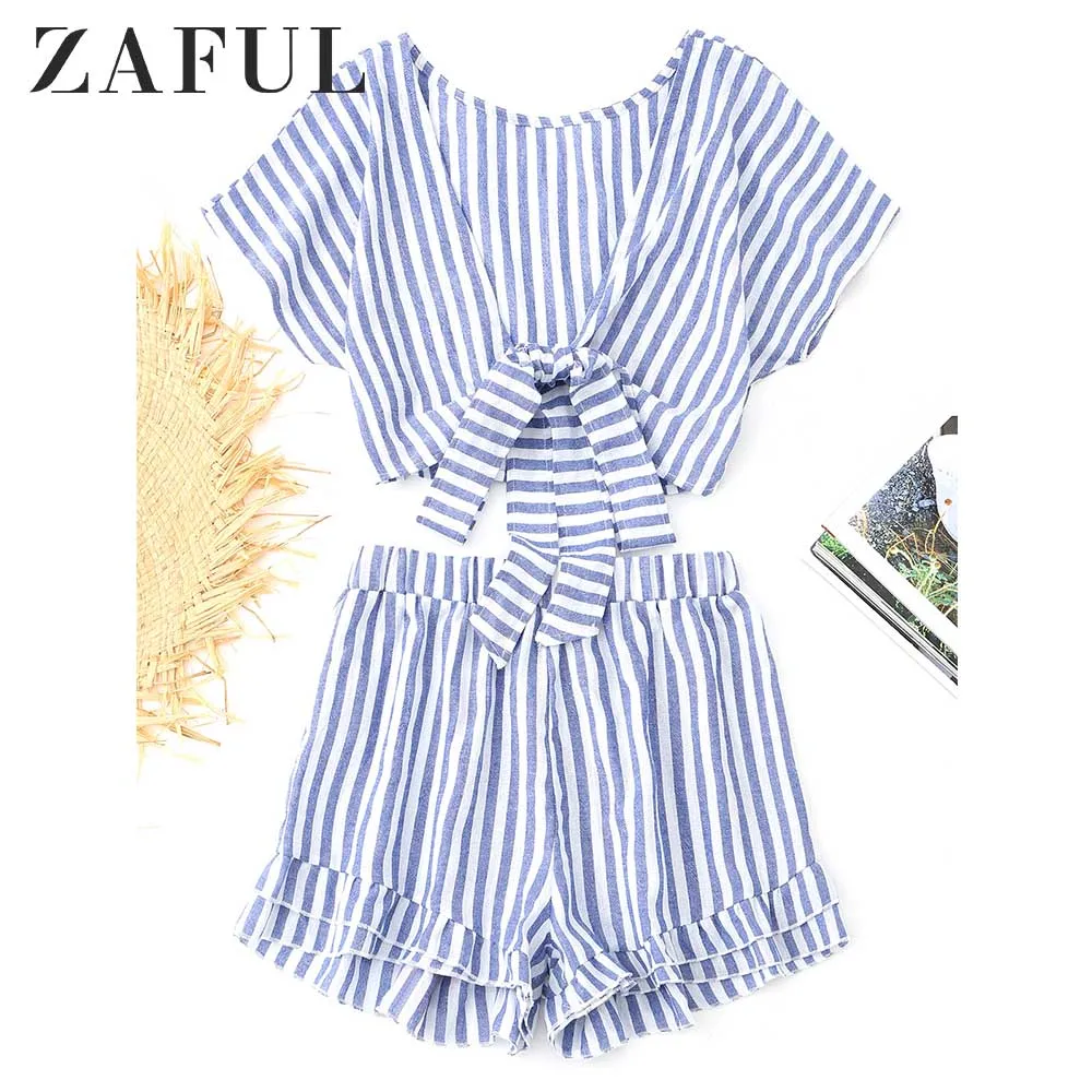 ZAFUL Полосатые укороченные топы Tiered Hem Шорты женские комплекты 2018 Summer Beach V шеи