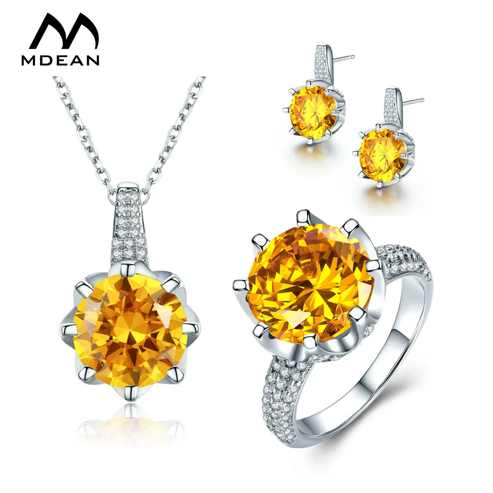 

MDEAN White Gold Color Wedding Jewelry Sets Big AAA Yellow Zircon Engagement Rings + Earrings + Necklace For Women Szie6-10
