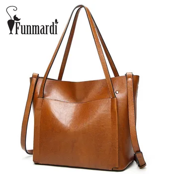 

FUNMARDI Luxury Oil wax leather bags New Fashion PU Women's handbag simple Brand design shoulder bag Famous totes bags WLHB1584