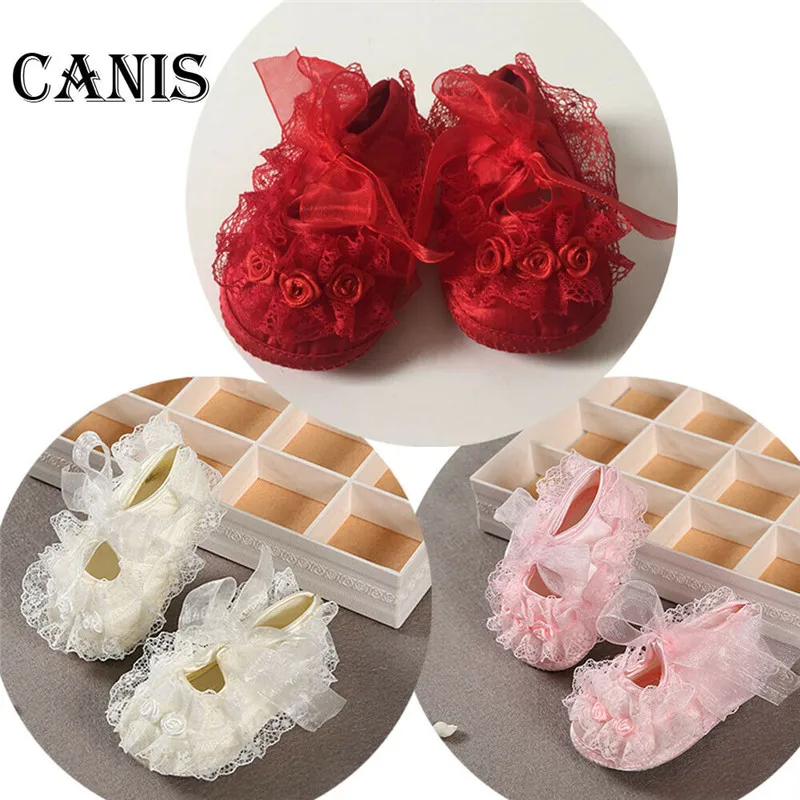 

Newborn Infant Baby Girl Soft Crib Sole Lace Floral Riband Cute Princess Non-slip Ballet Shoes