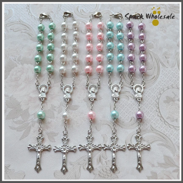 

50pcs/lot Catholic Multi Colors Pearl Glass Rosary Bracelet Religious Bracelet Mini Rosary Baby's Communion Party Baptism Favors