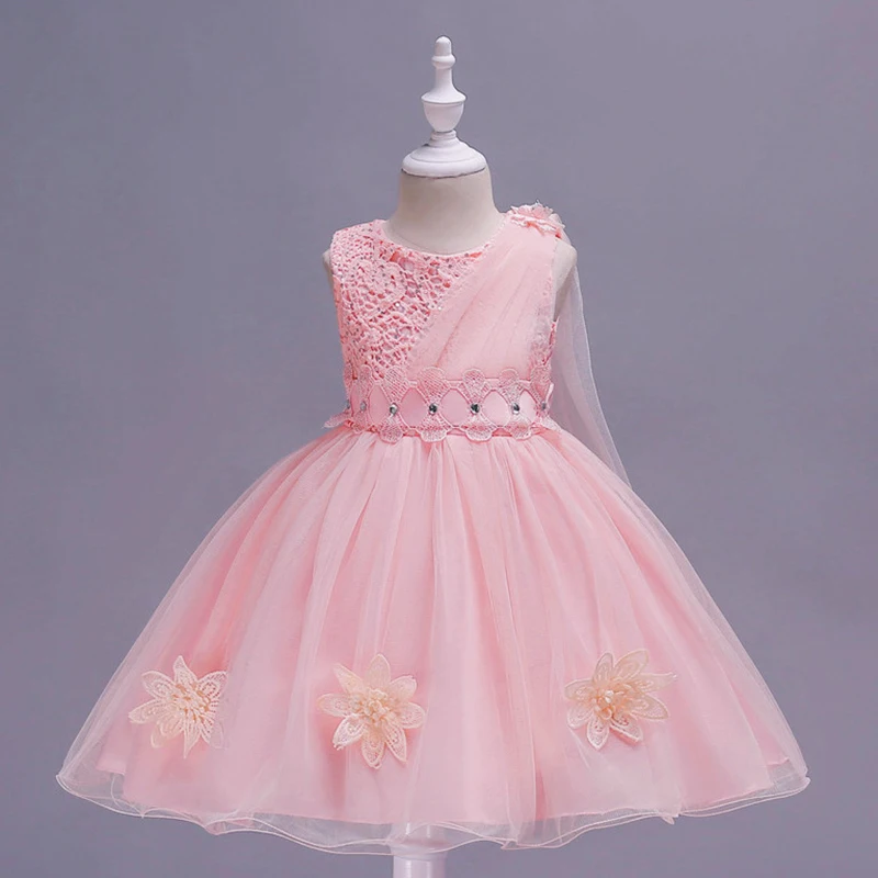

2019 Flower Bow Kids Dress 3 5 7 9 10 12 Years O-neck Pearls Mesh Khaki Blue Rose Red Knee Dresses for Girls Party Outfit 1A6B