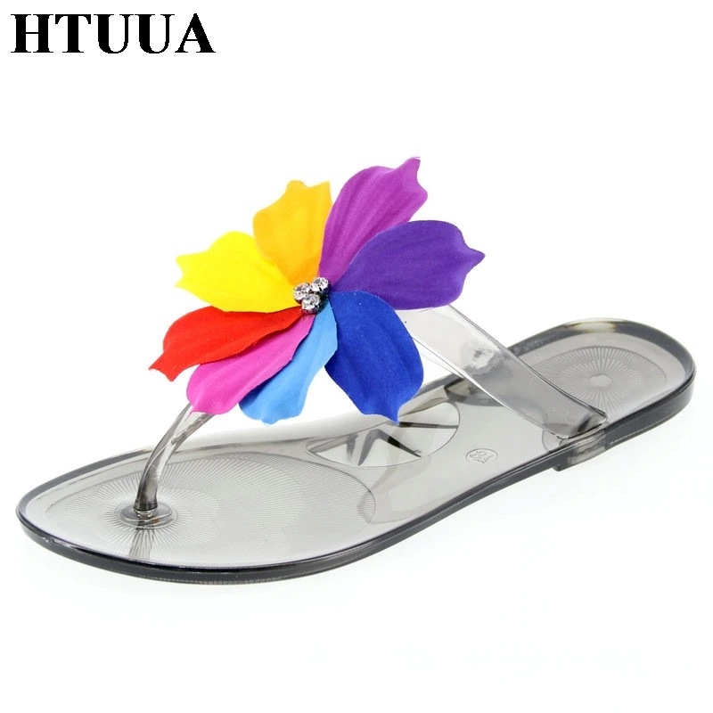 

HTUUA Newst Fashion Colorful Flowers Slippers Women Flat Slides Boho Beach Flip Flops Summer Jelly Shoes Casual Sandals SX2183