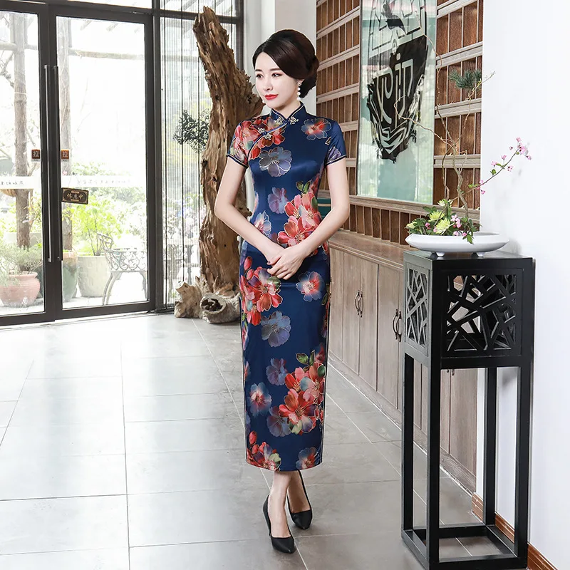 SHENG COCO женские элегантные платья Китайский Cheongsam длинное атласное платье Банкетный Ципао с цветами китайские платья Qipao Женская Роба в