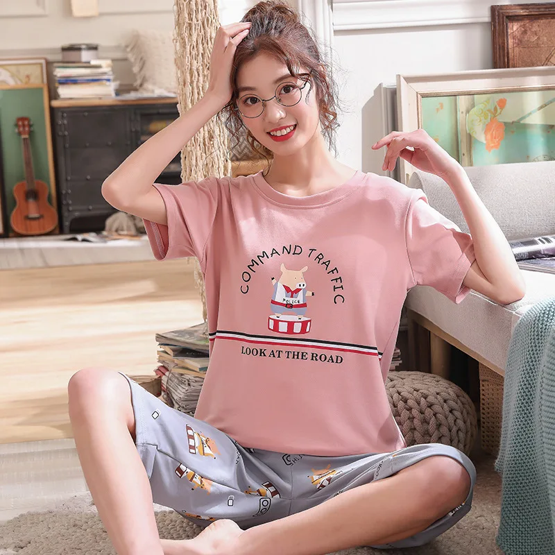 

women Pajamas Summer 2019 pyjamas cotton Round Neck Cartoon Kawaii Sleepwear Nighty Female Casual Pajamas lounge set plus size