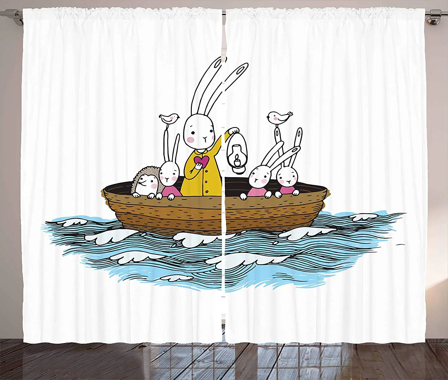 Kids Curtains Cartoon Style Hare Family and a Hedgehog on Sea Adventure Little Birds Lantern Living Room Window Drapes | Дом и сад