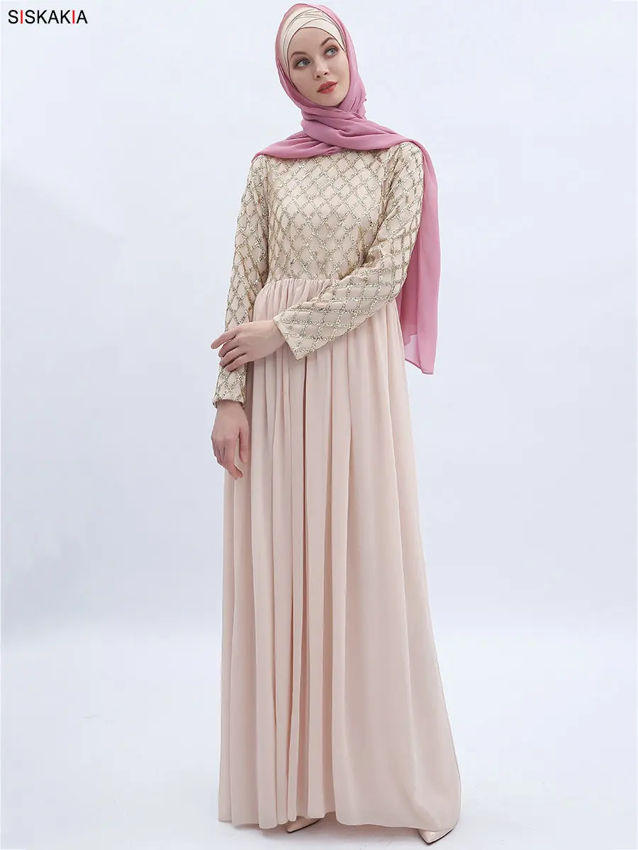 Siskakia/длинное шифоновое Сетчатое платье макси с пайетками в стиле пэчворк, с высокой плотностью, турецкий, этнический, исламский