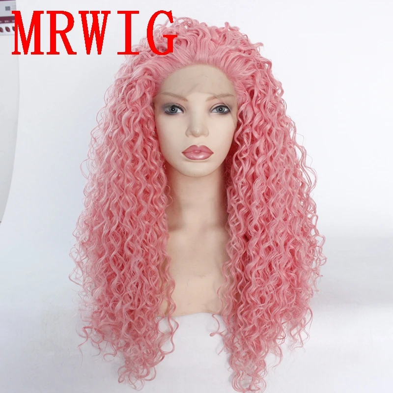 

MRWIG free part 26in pink kinky curly synthetic front lace wig free part 180%density for woman