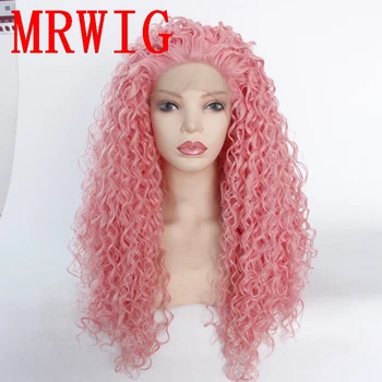 

MRWIG free part 26in pink kinky curly synthetic front lace wig free part 180%density for woman