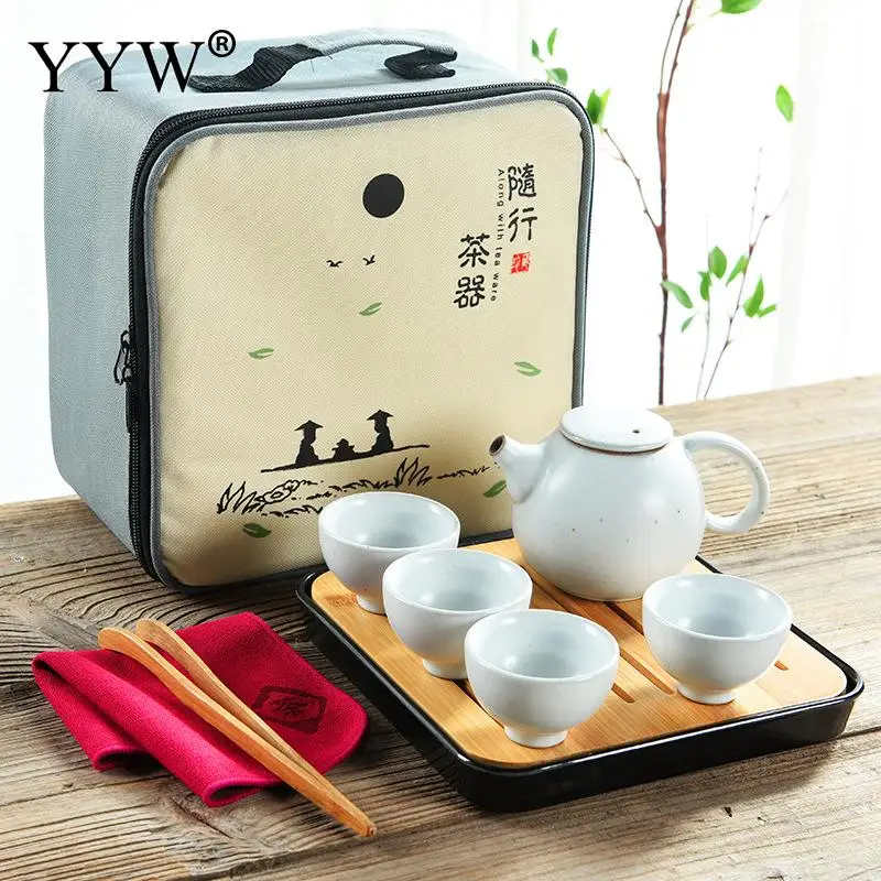 Tea Travel Set Black/White Portable Handmade Tea Pot Cup Set With Travel Bag And Tea Tray Outdoor O