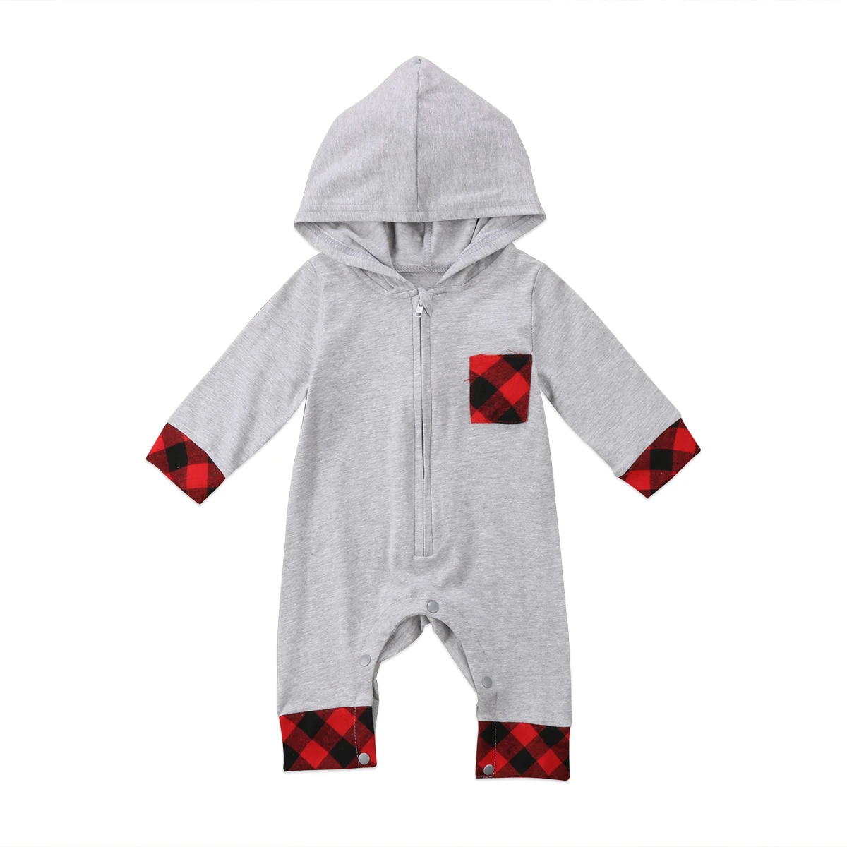 New Newborn Baby Boys Hooded Zipper Romper Babies Kids Plaids Long