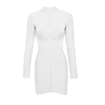 

2019 Winter White Women New Fashion Bandage Dress Long Sleeve Turtleneck Striped Bodycon Celebrity Mini Party Dress Vestidos