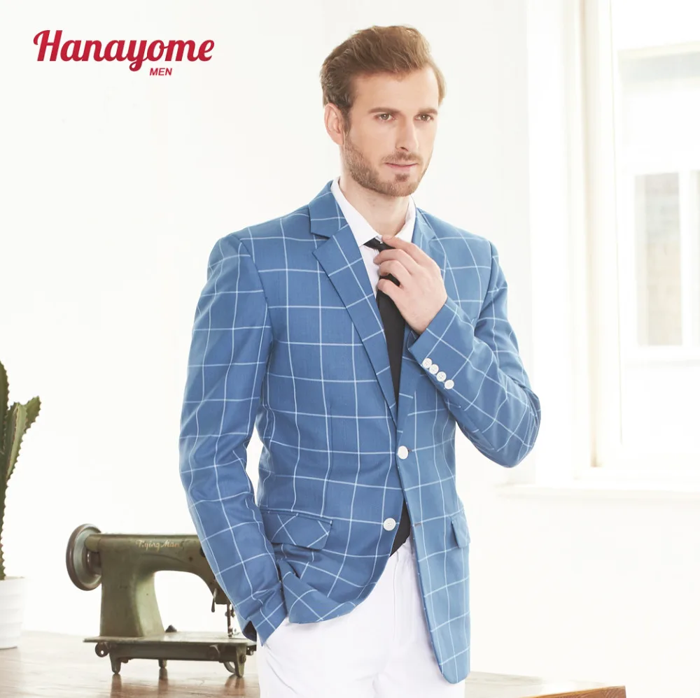 Hanayome Mens 2 Piece Silm Fit Suits 2017 Two Buttons Blue Grid Silm Fit Business Blazer Suit & Tuxedo SI117 Customize