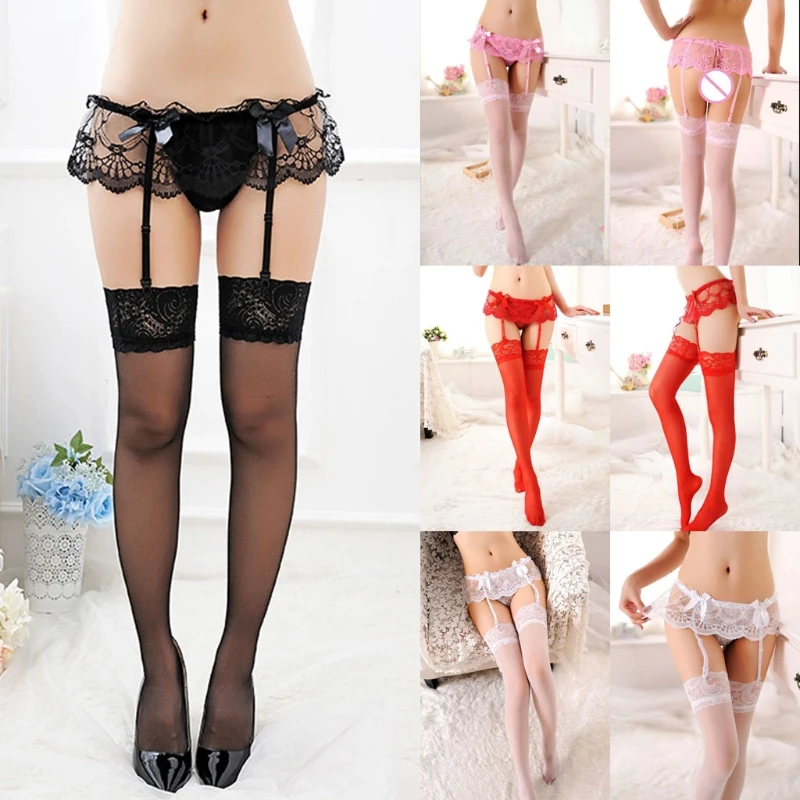 Женское соблазнительное кружевное подвязка G-String подвязка пояс Набор чулок Нижнее белье бант