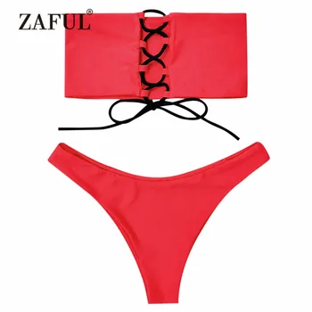 

ZAFUL Women's Swimsuit Lace-up Strapless Bandeau Bikini Set Strapless Unlined Swimwear Sexy Solid Brazilian Beach Swimming Suit