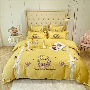 

Yellow Pink Princess Style 60S Egyptian Cotton Flowers Rose Embroidery Bedding Set Bow Duvet Cover Bed Sheet/Linen Pillowcases
